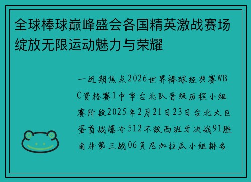 全球棒球巅峰盛会各国精英激战赛场绽放无限运动魅力与荣耀